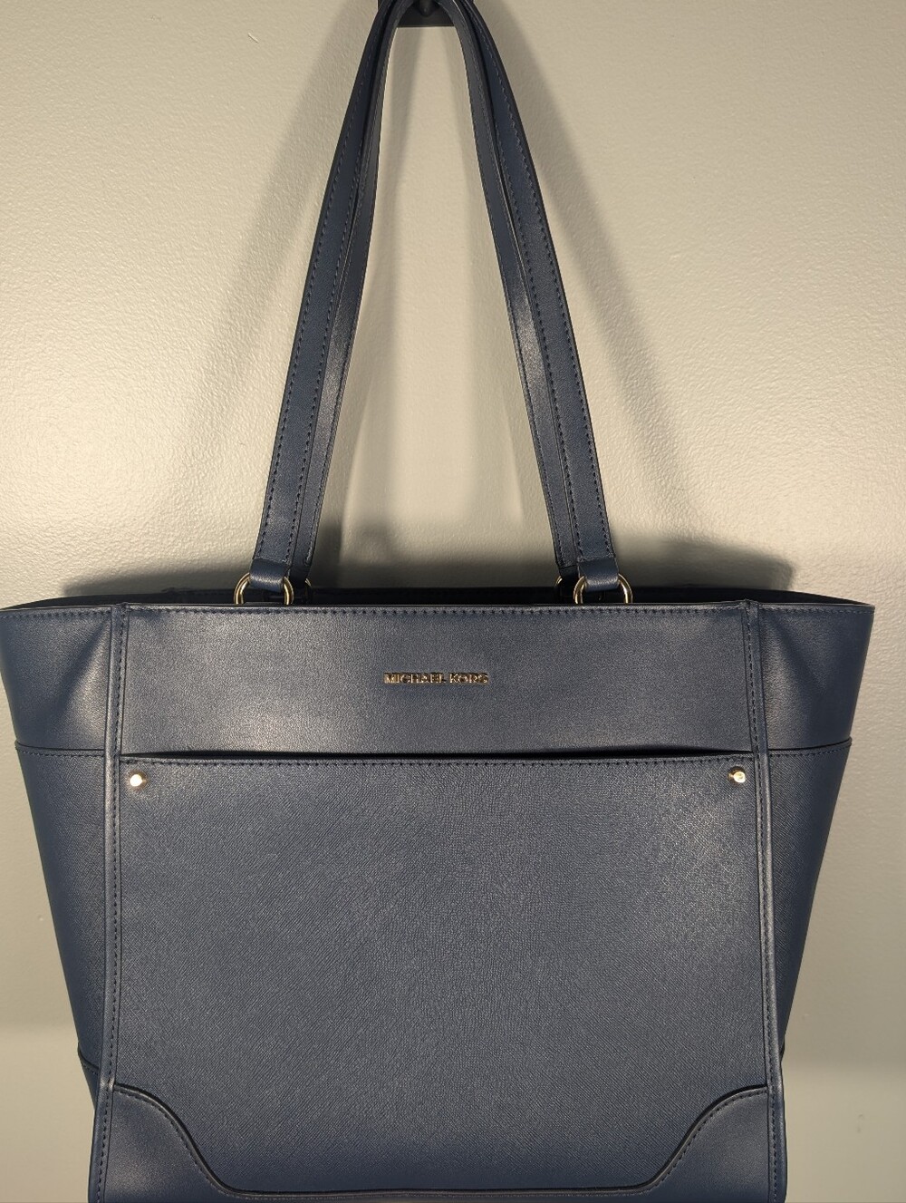 Michael Kors Navy Blue Saffiano Leather Harrison Tote with Gold Hardware.